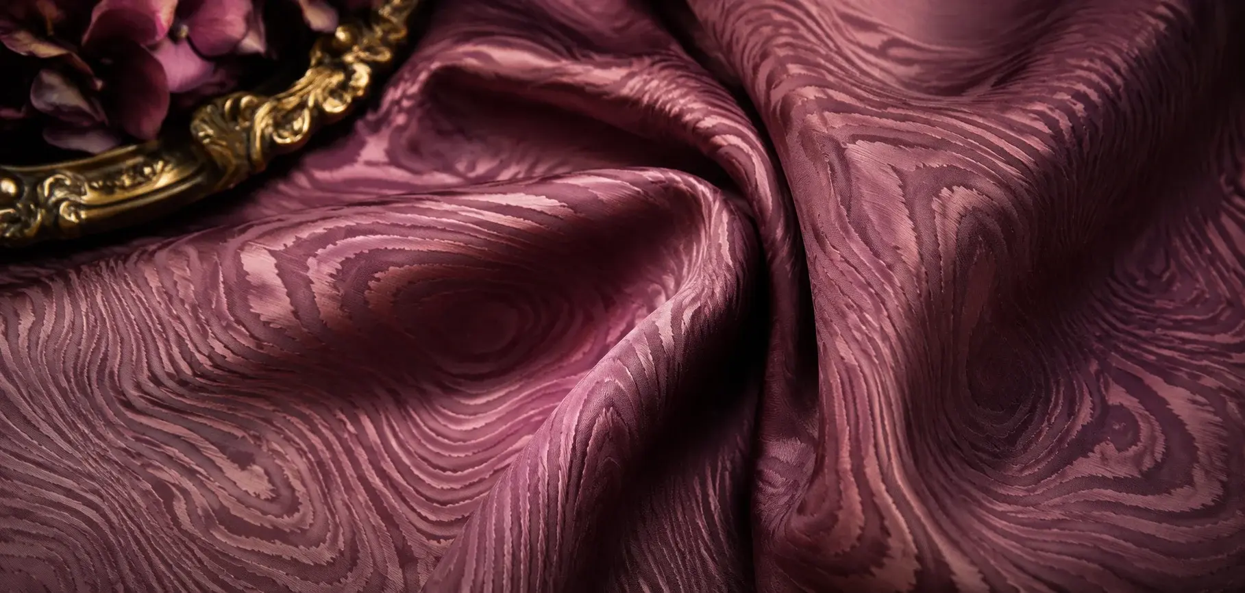 Burgundy moire taffeta fabric with elegant wavy watered patterns and a rich glossy finish.