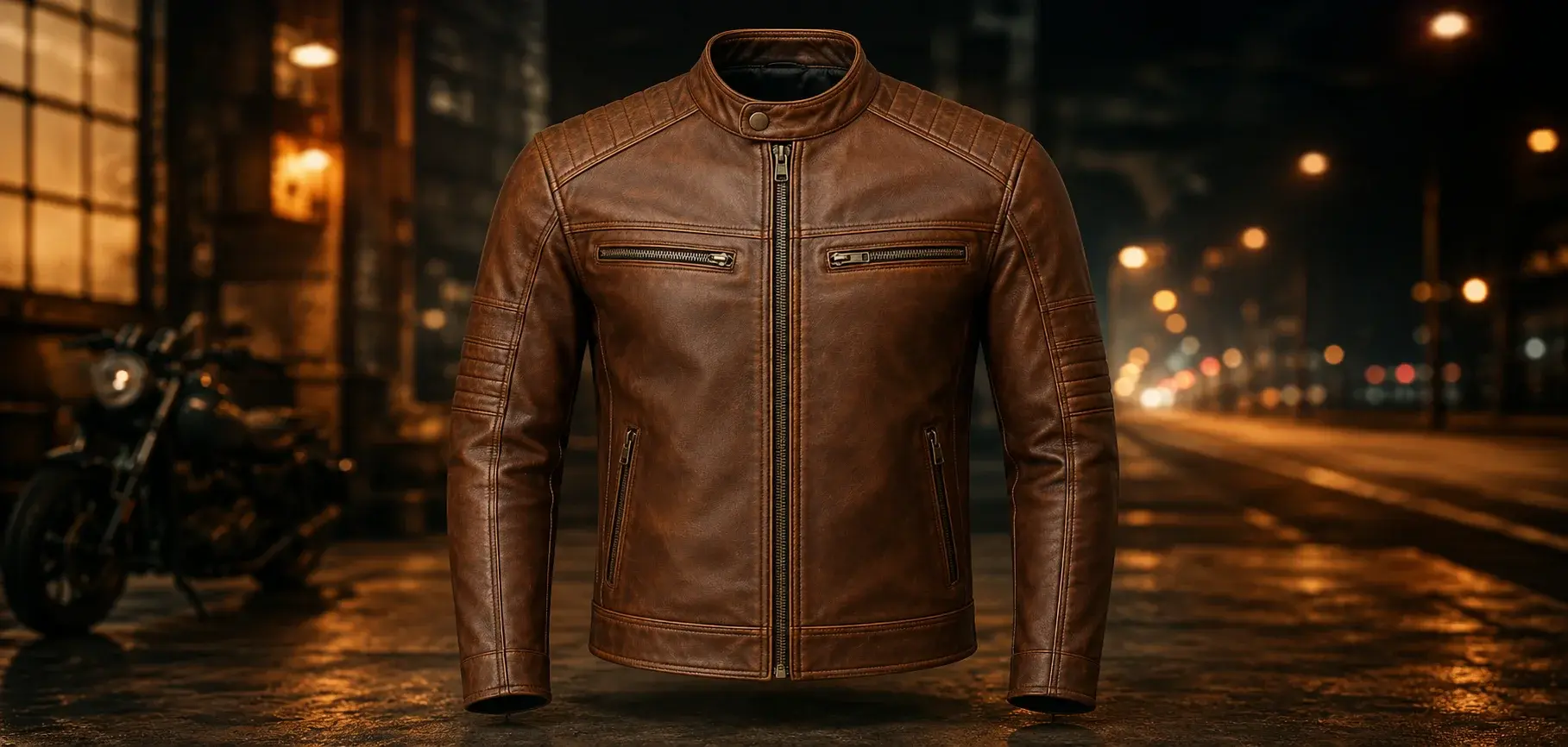 Brown leather motorcycle jacket mockup against a moody city street background with blurred lights and a motorcycle.