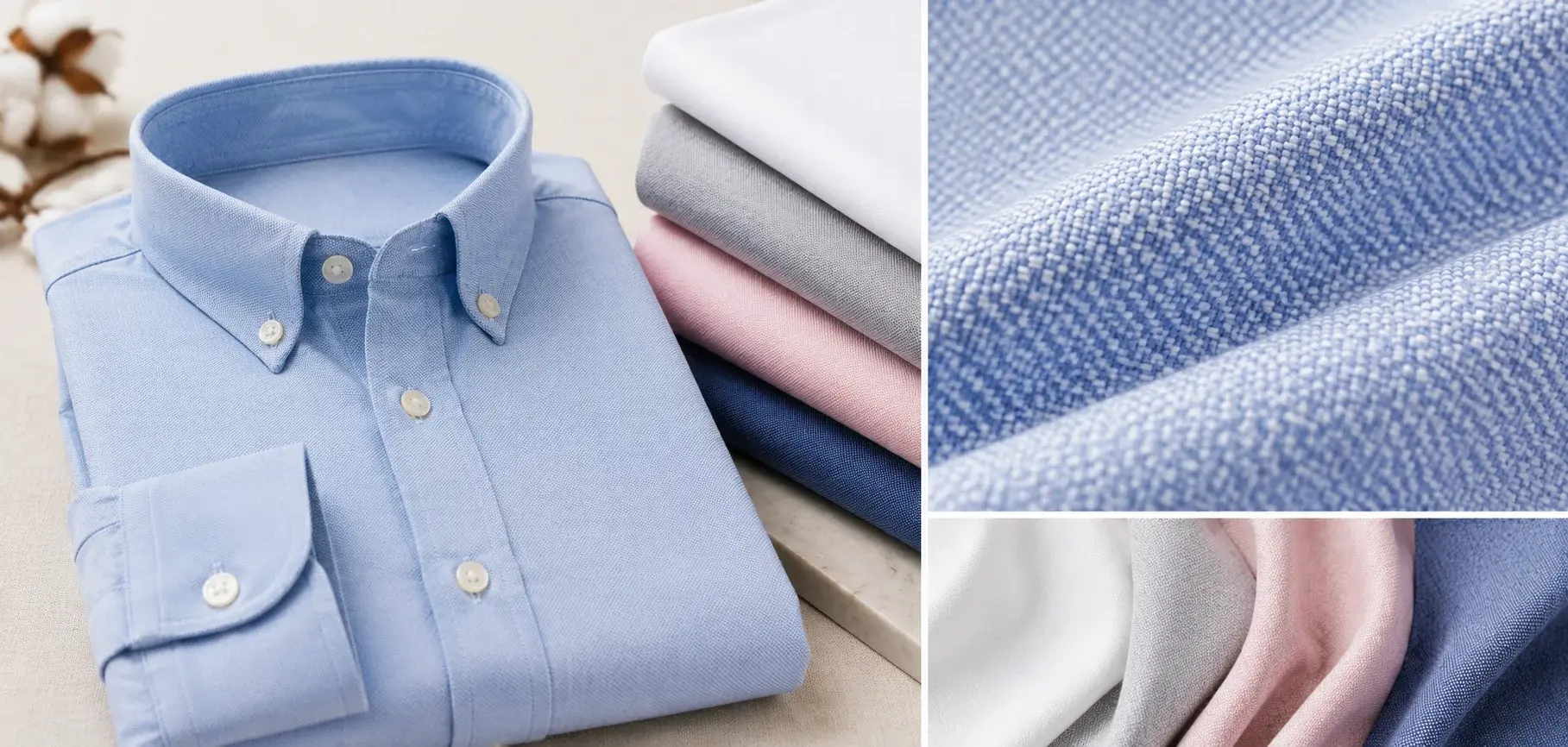 Light blue Oxford cloth shirt with close-up basketweave texture and folded fabric swatches.