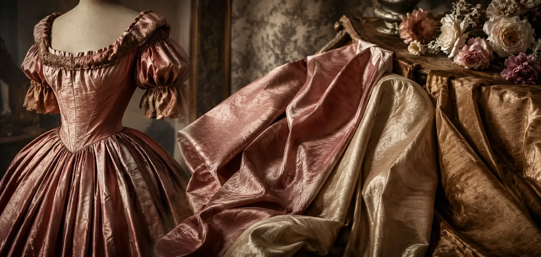 Ivory paper taffeta fabric with crisp sculptural folds beside a structured white fashion dress.