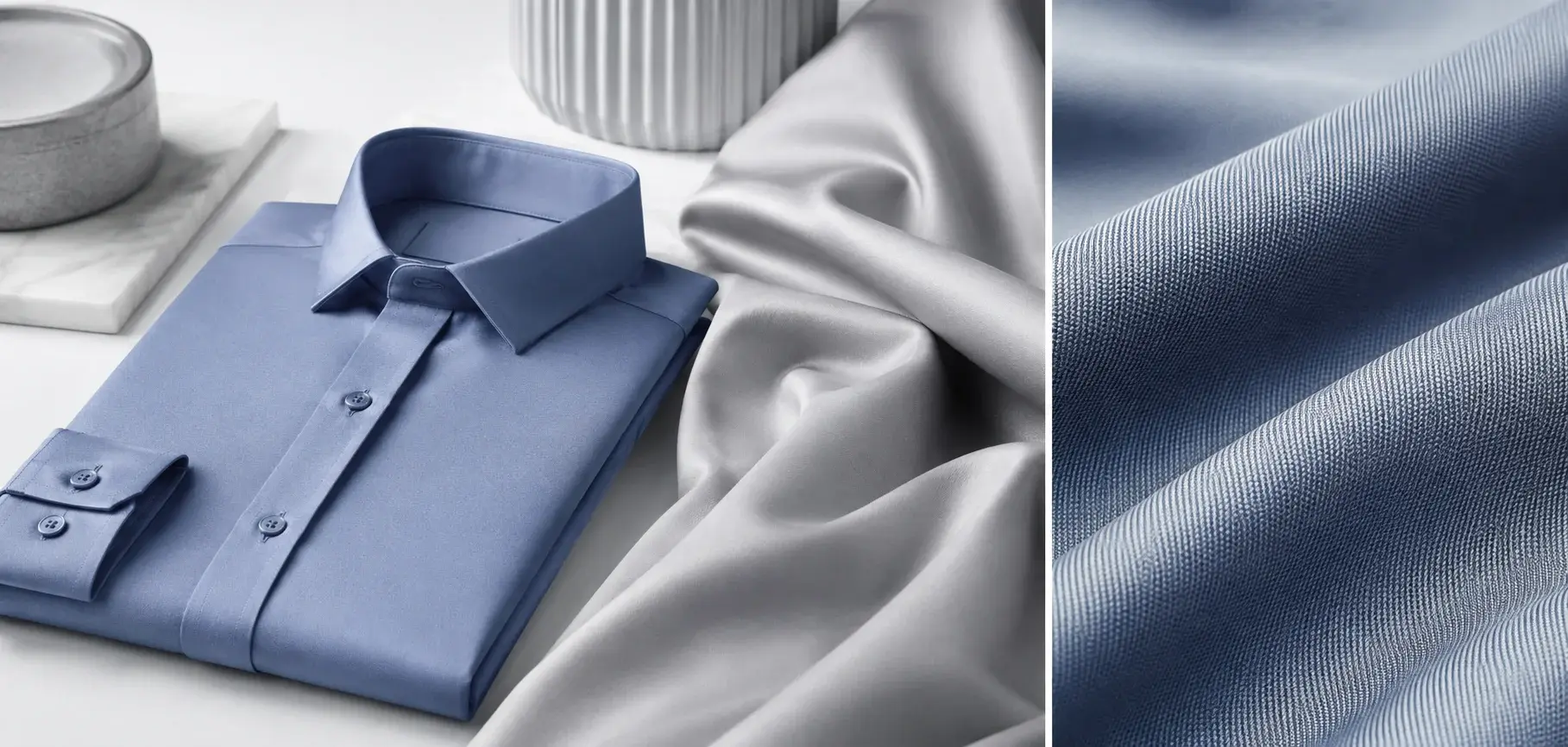 Blue polyester shirt with smooth silver fabric drape and close-up synthetic weave texture.