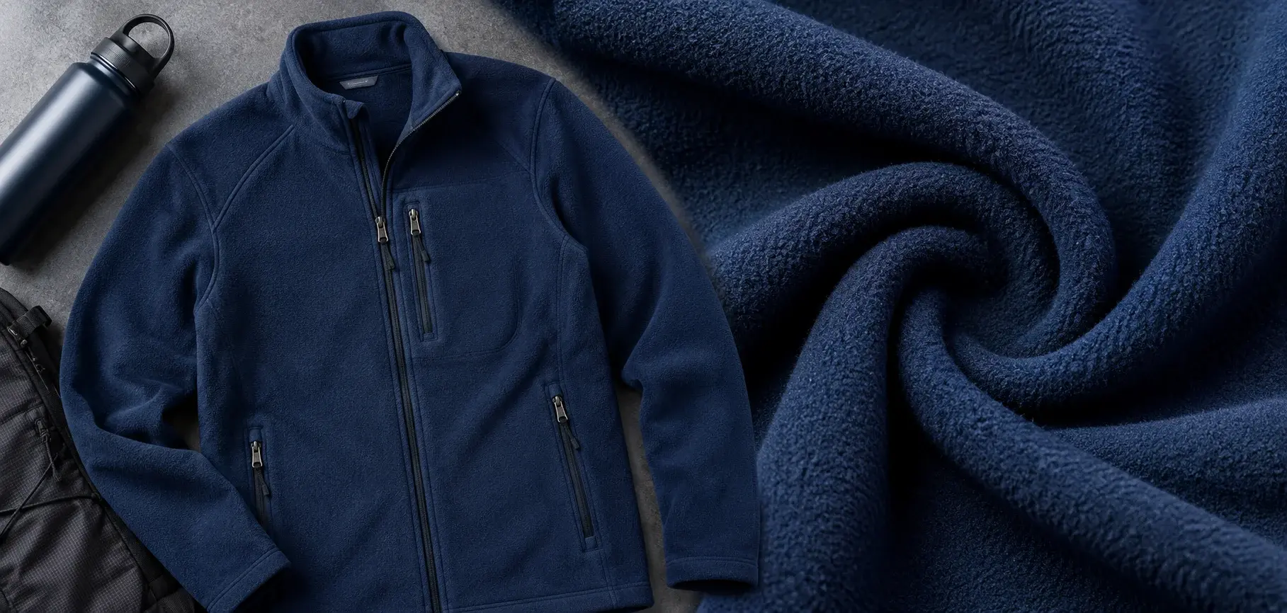 Navy polyester fleece jacket with zippered pockets beside a close-up of soft textured fleece fabric.