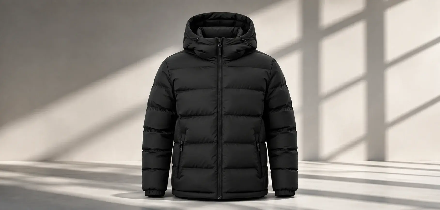 Black hooded puffer jacket mockup displayed against a minimalist light studio background with soft window shadows.