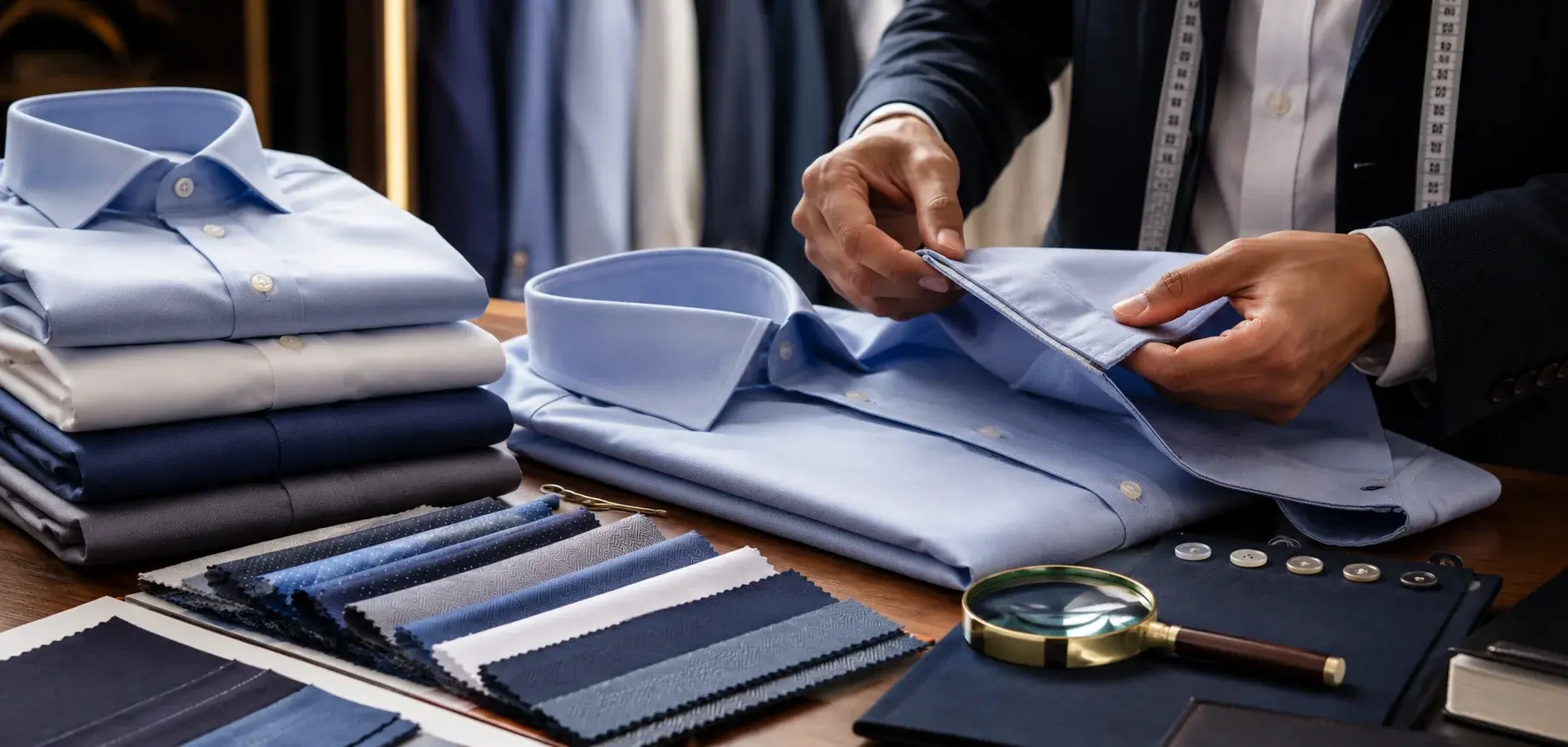 Tailor inspecting a premium light blue shirt with fabric swatches, buttons, and quality-check tools.