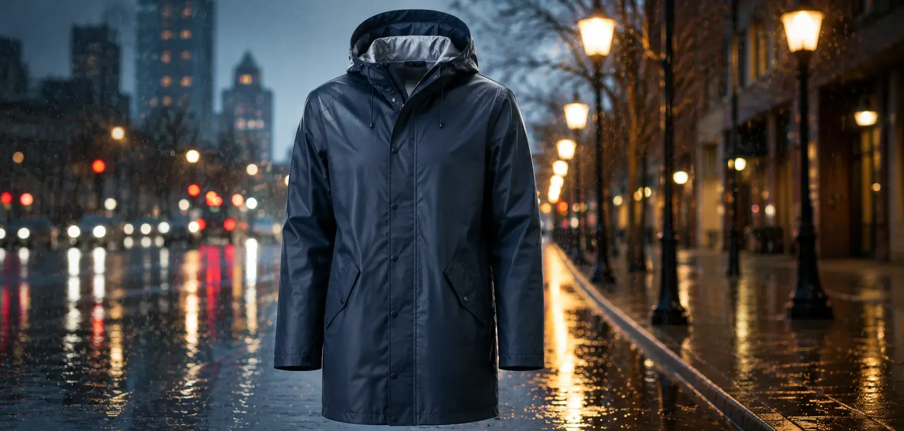 Navy blue hooded raincoat mockup displayed on a rainy city street with glowing lights and wet pavement reflections
