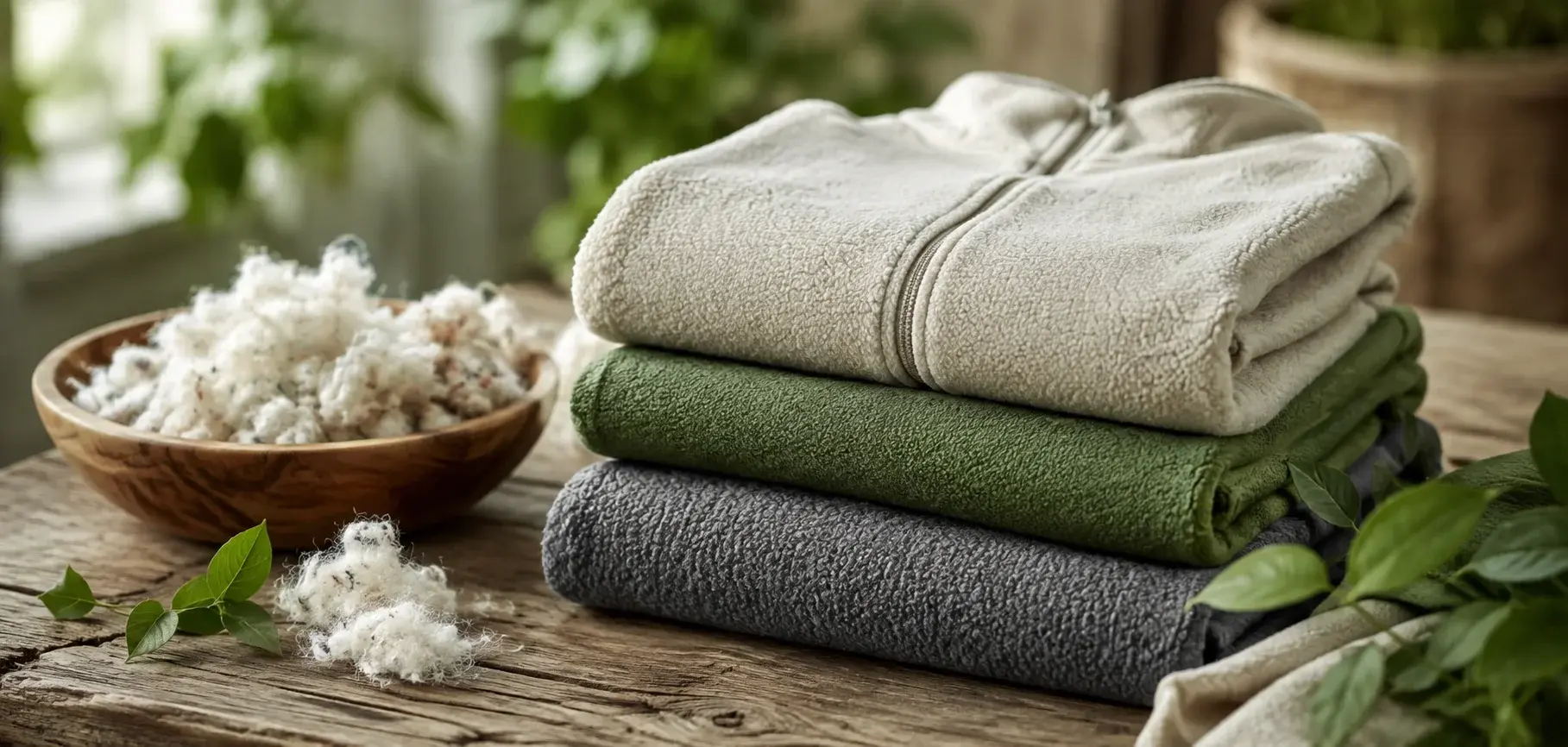 Folded recycled fleece fabrics in beige, green, and gray with loose recycled fibers and natural greenery.