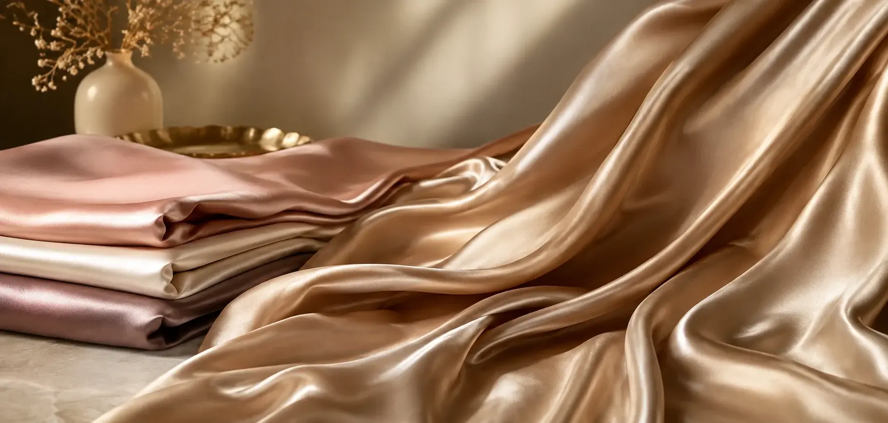 Luxurious champagne viscose satin fabric with a smooth glossy finish and elegant flowing folds.
