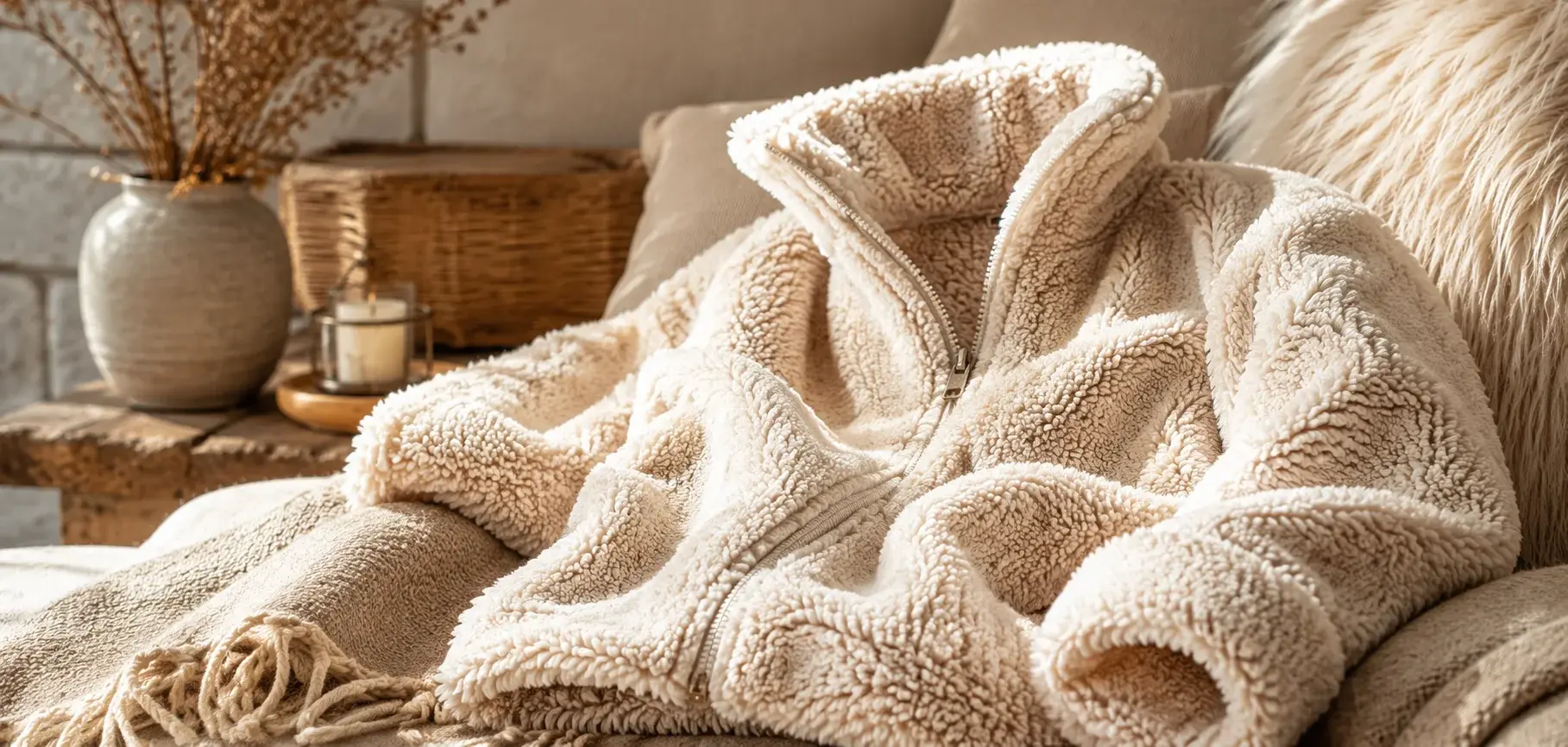 Cream sherpa fleece zip-up jacket with thick, fluffy texture in a warm cozy interior setting.