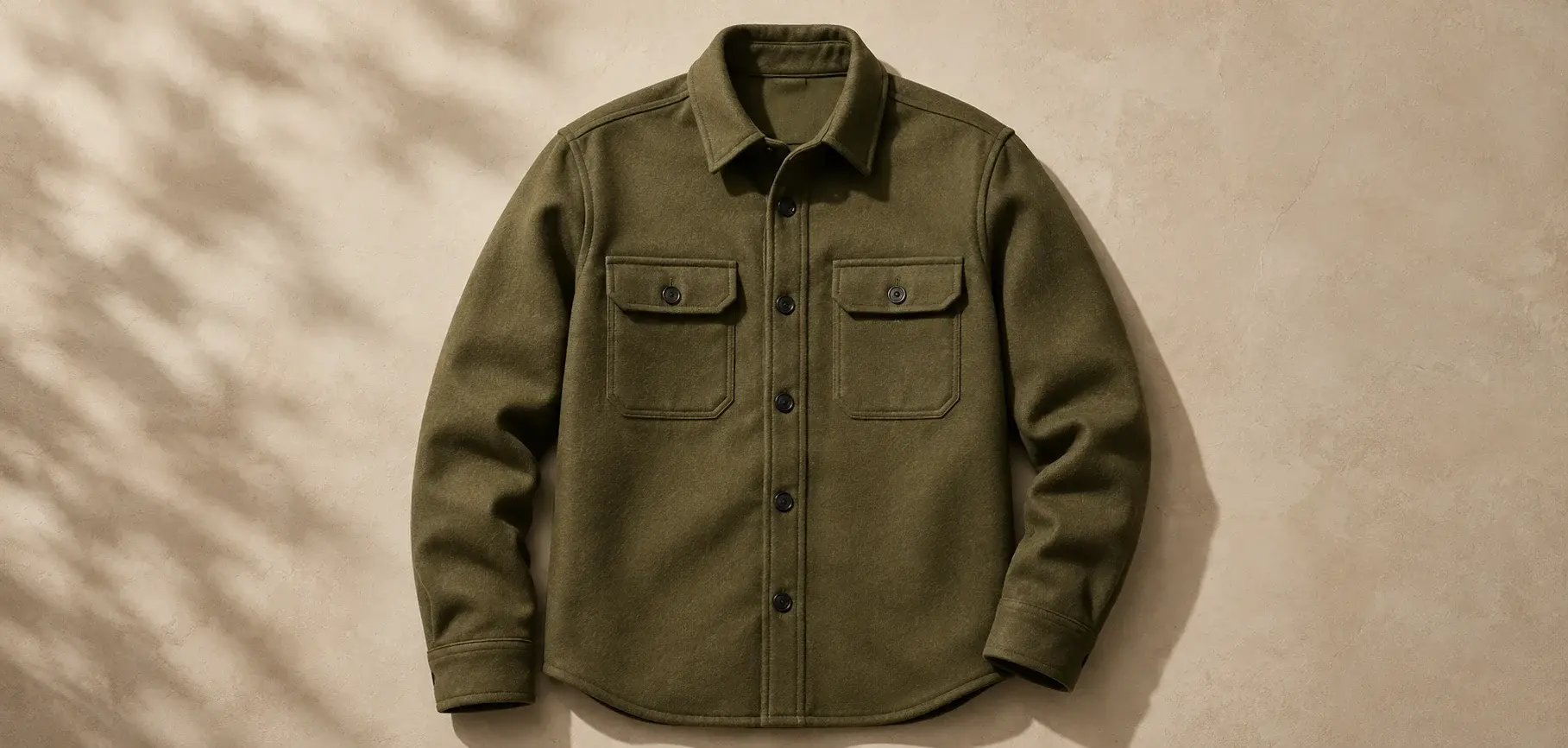 Olive green shirt jacket mockup on a warm beige textured background
