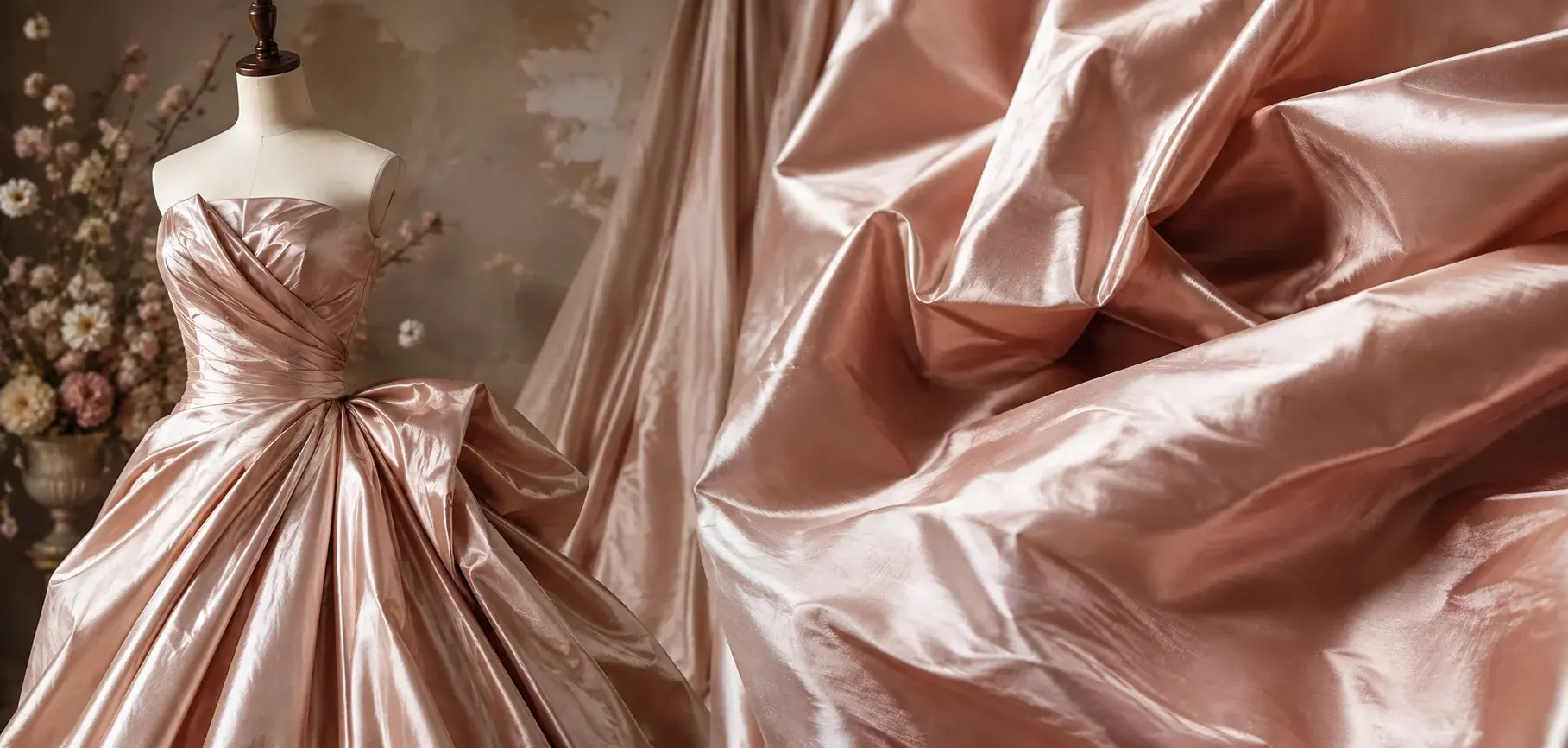 Blush pink silk taffeta fabric with a structured elegant evening gown and lustrous folds.