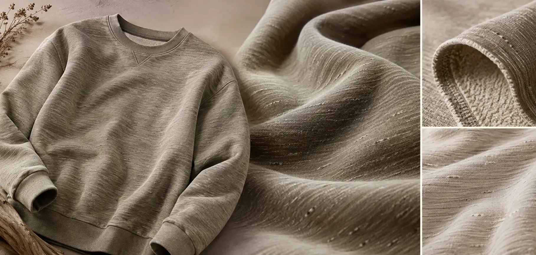 Beige slub fleece sweatshirt with close-up views of its irregular textured surface and soft fleece interior.