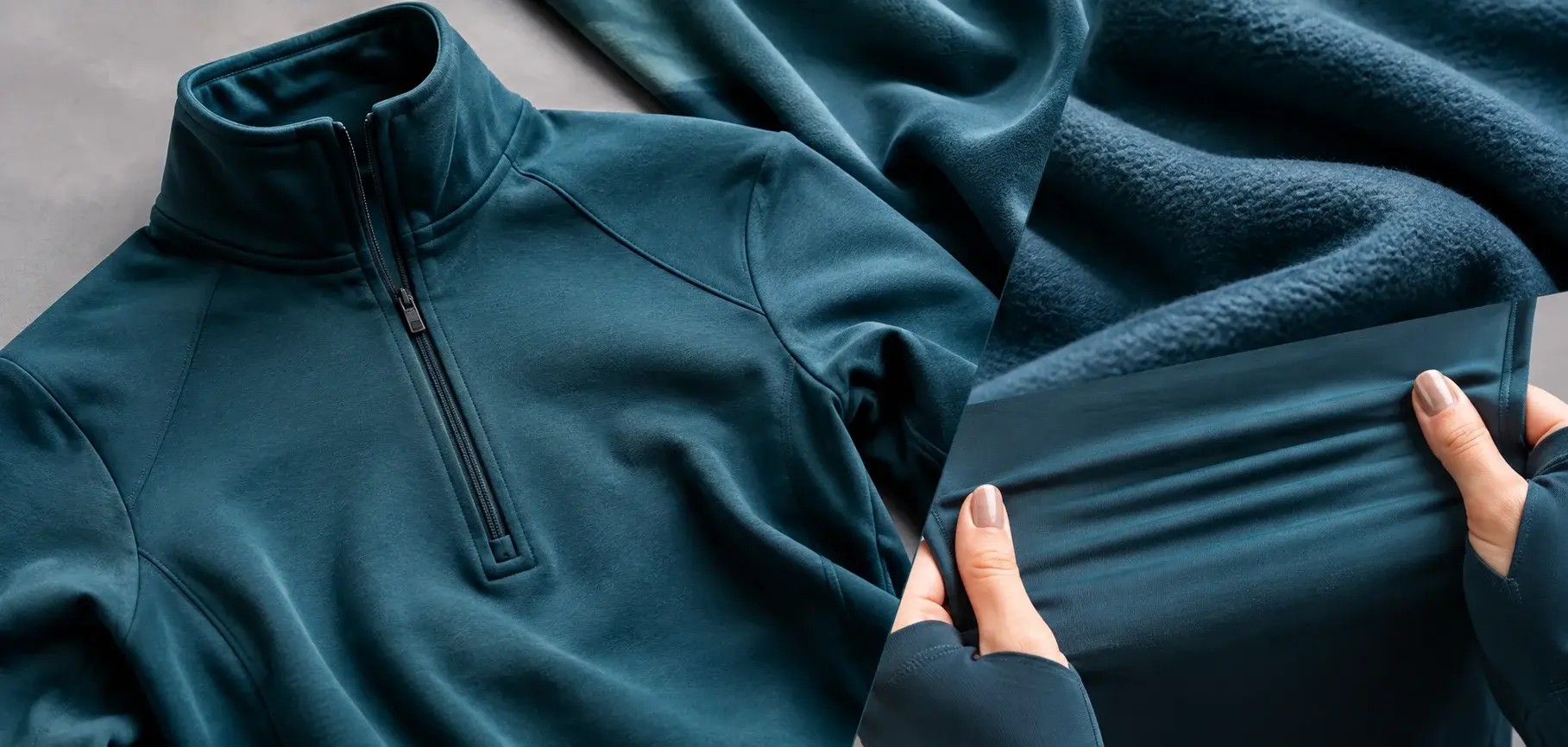 Teal spandex fleece jacket with close-up stretchy fabric demonstrating softness and flexibility.
