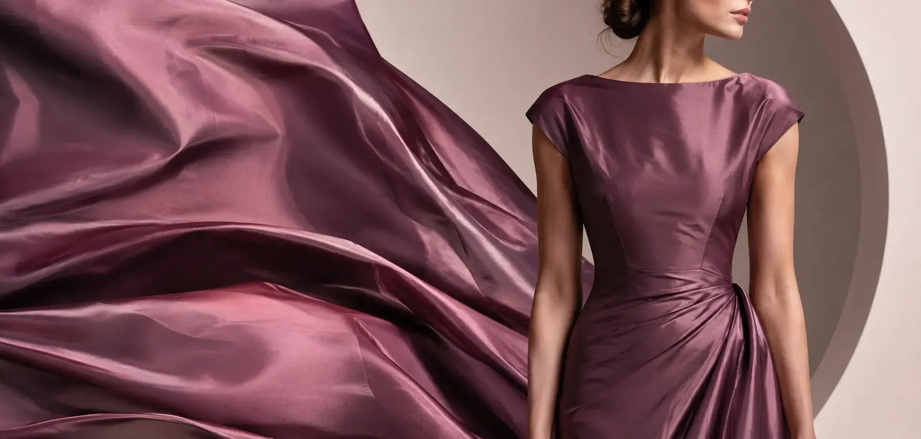 Mauve stretch taffeta fabric with smooth glossy folds beside a fitted elegant taffeta dress.