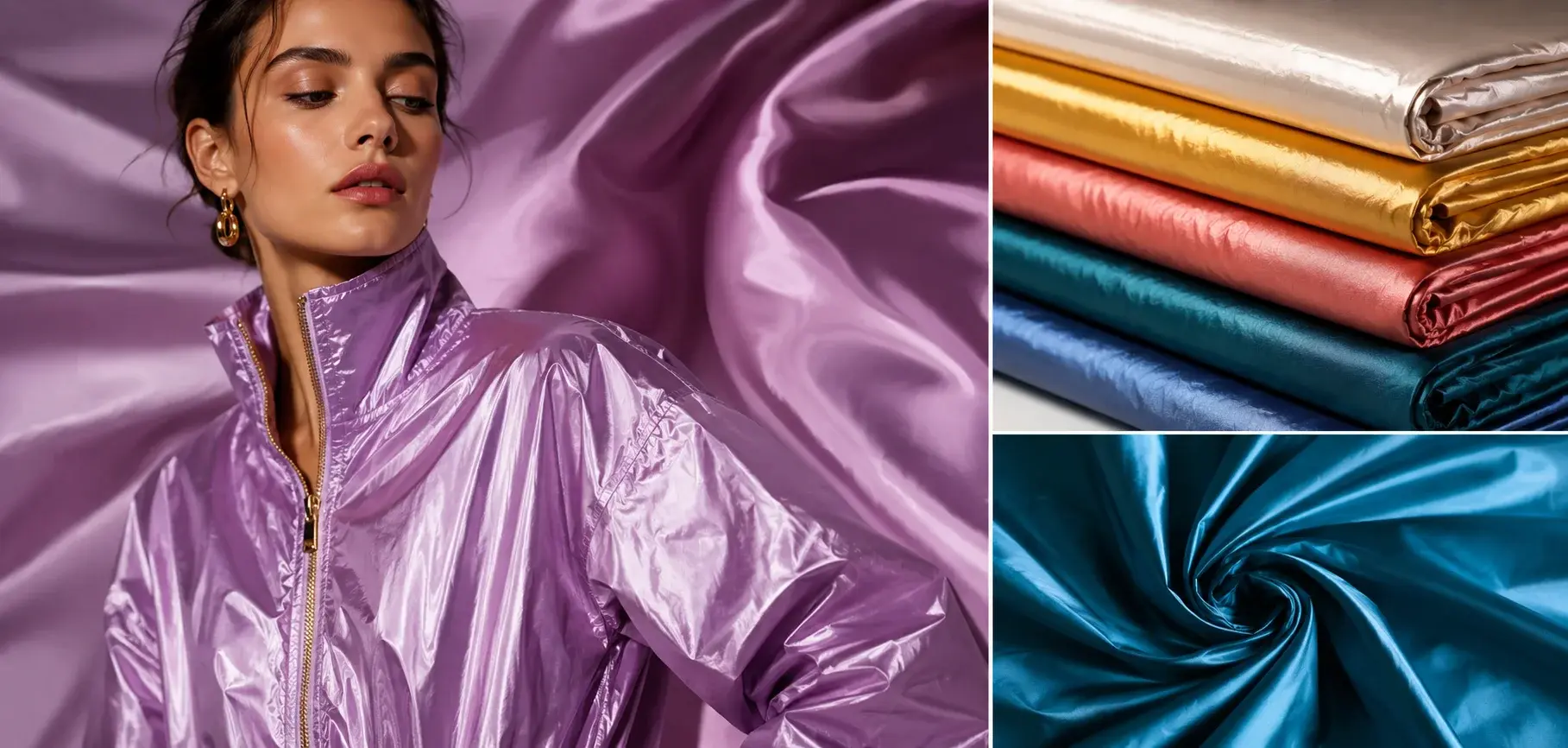Purple synthetic taffeta jacket with shiny colorful taffeta fabrics showing a smooth lustrous finish.