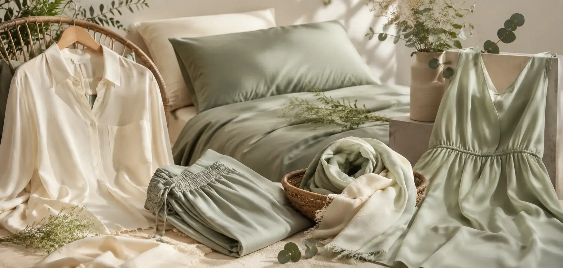 Tencel fabric used for shirts, dresses, pants, bedding, pillows, and soft home textiles in cream and sage green tones.
