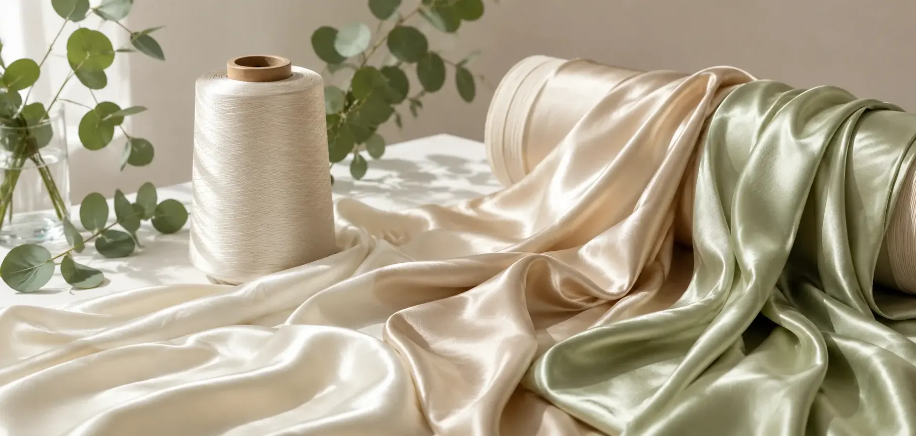 Silky Tencel Lyocell Filament fabric in ivory, champagne, and sage green arranged with a large filament yarn cone and eucalyptus leaves.