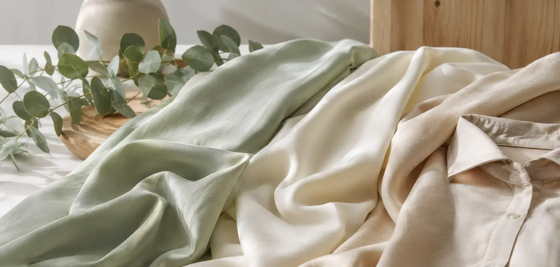 Soft Tencel Lyocell fabric in sage green, ivory, and beige with a lightweight shirt and natural greenery.