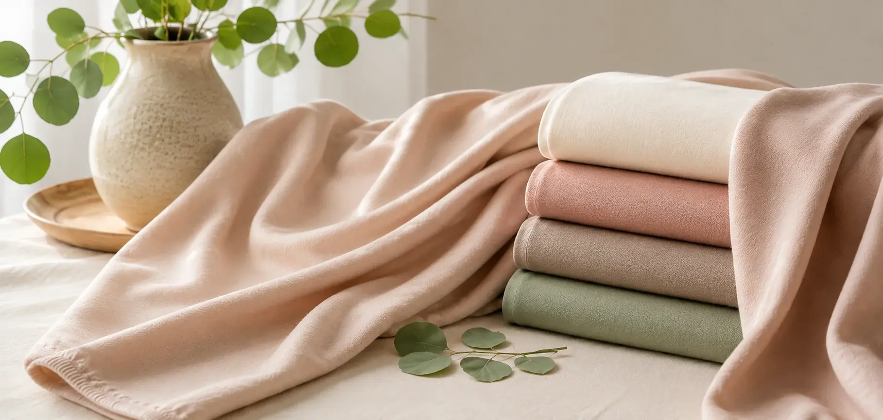 Soft Tencel Modal fabric in cream, blush, taupe, and sage tones arranged with flowing drapes and eucalyptus leaves.