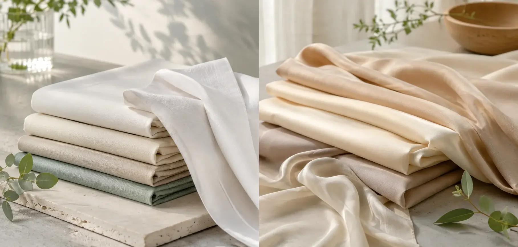 Side-by-side comparison of Tencel and Modal fabrics in soft cream, beige, and sage tones with smooth draped textures and natural greenery.