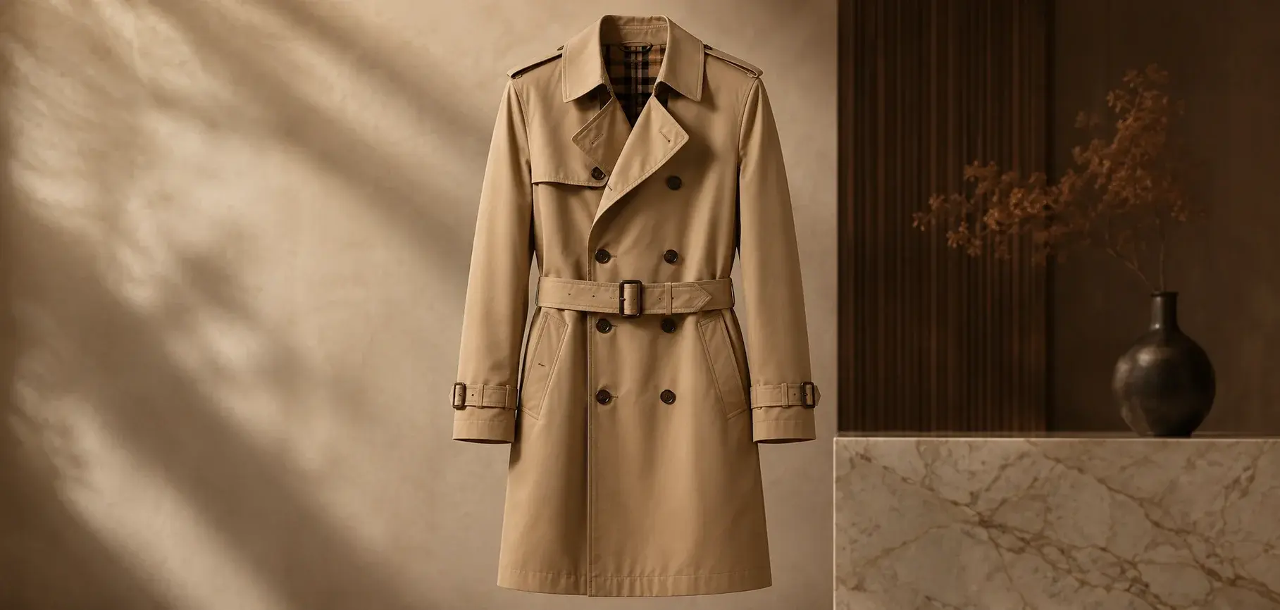 Beige trench coat mockup displayed in an elegant warm-toned interior with a marble pedestal and vase.