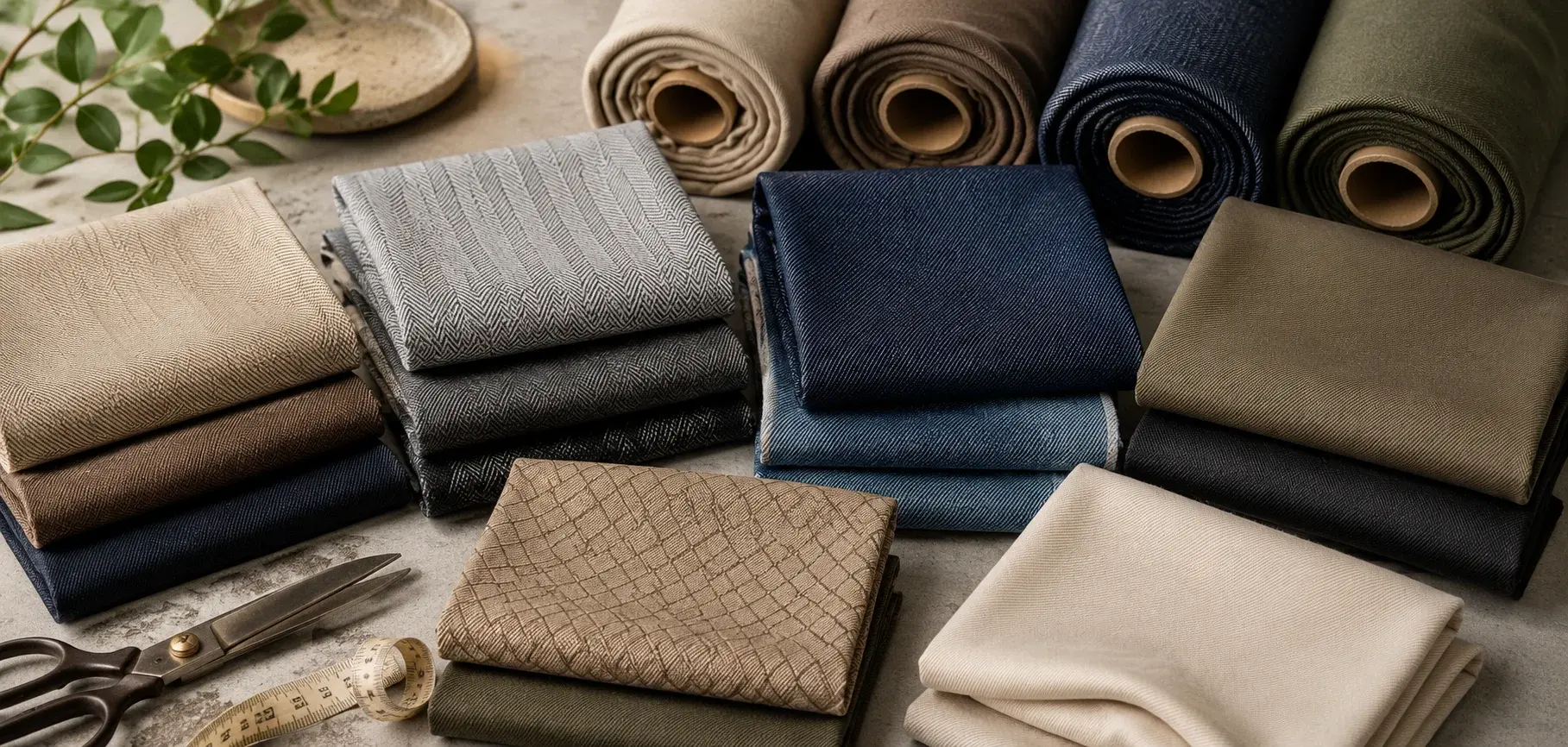 Assorted twill fabric types in folded swatches and rolls showing different weave patterns and textures.