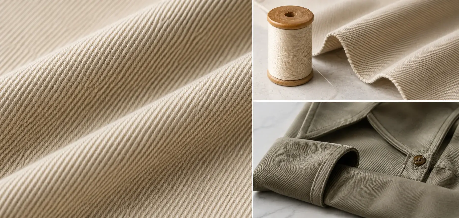 Beige twill fabric with diagonal weave texture, thread spool, and a twill shirt detail.