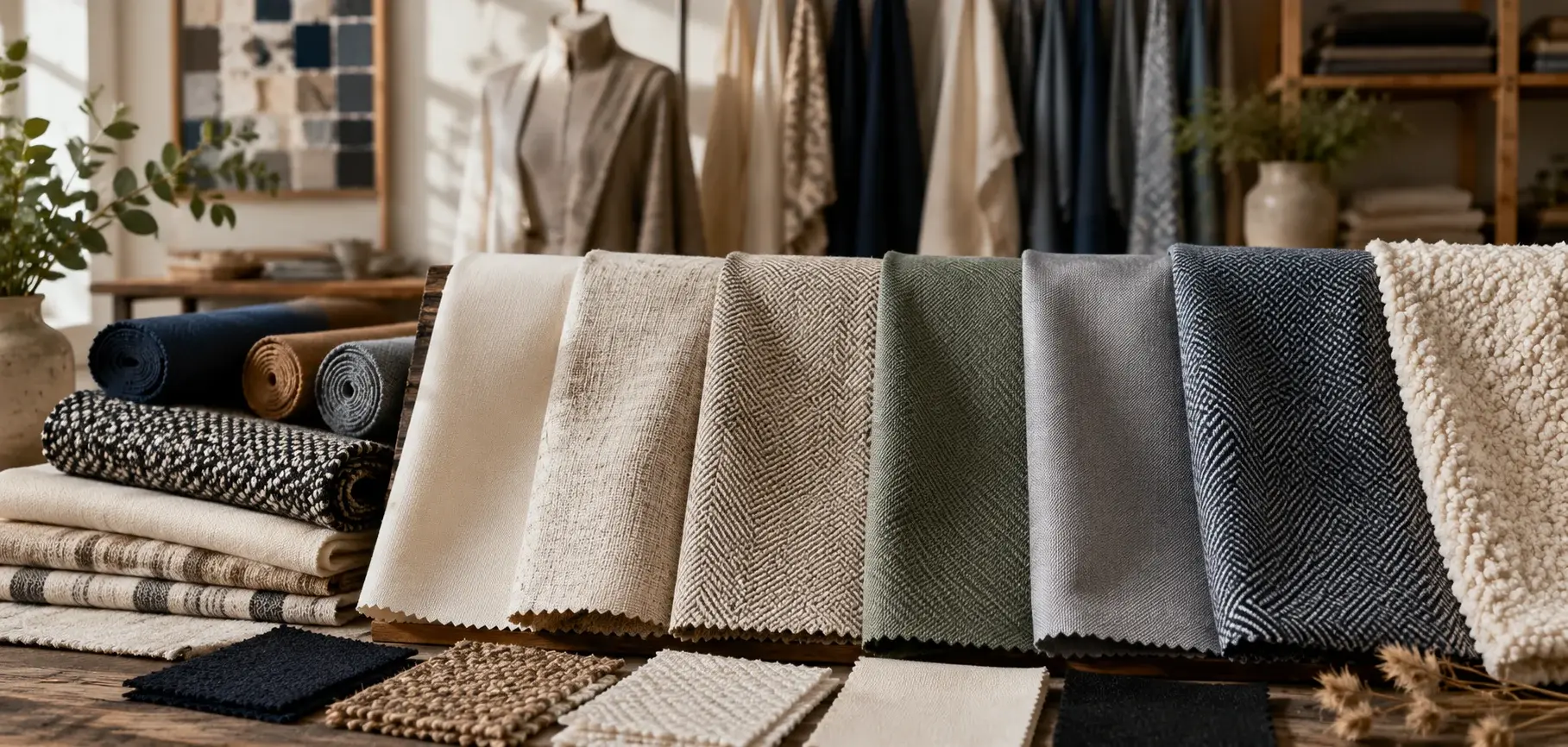 Assorted woven fabric samples displaying plain, twill, herringbone, satin, and textured pile weaves.