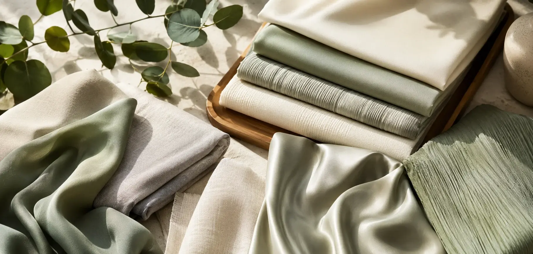Assorted Tencel fabrics in cream and sage green with smooth, textured, and silky finishes.