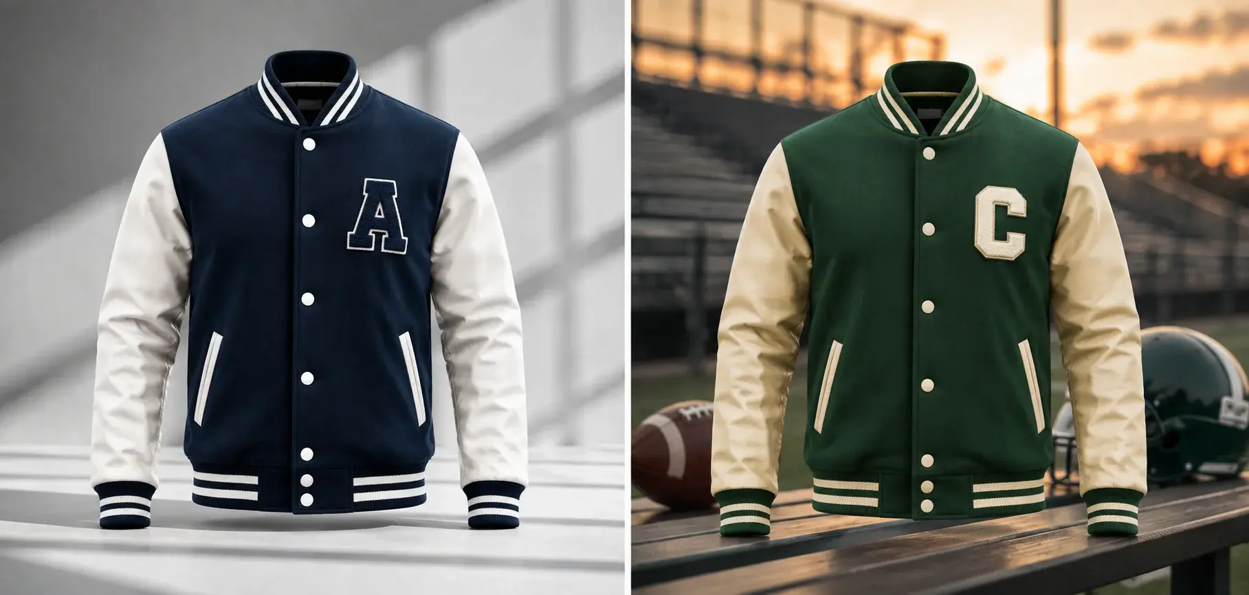 Green and cream varsity jacket mockup displayed against a warm stadium background.