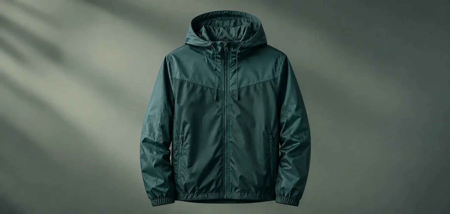 Dark green hooded windbreaker jacket mockup on a soft neutral background.