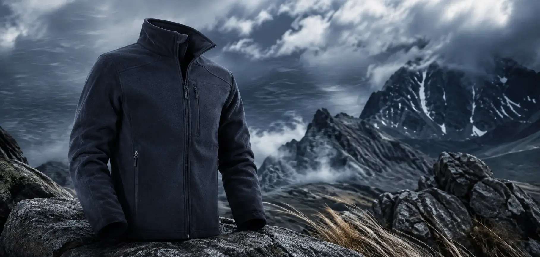 Dark windproof fleece jacket displayed in a rugged mountain setting with strong wind and stormy clouds.
