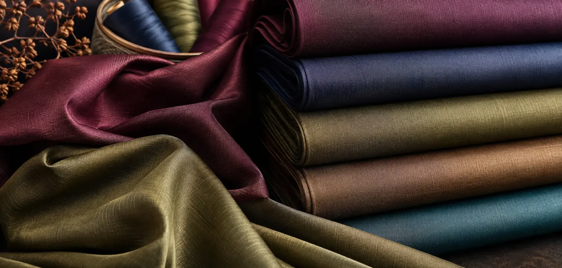 Yarn-dyed taffeta fabrics in burgundy, navy, olive and teal with rich woven colors and subtle sheen.