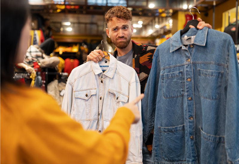 Two people shopping for denim jackets in a clothing store