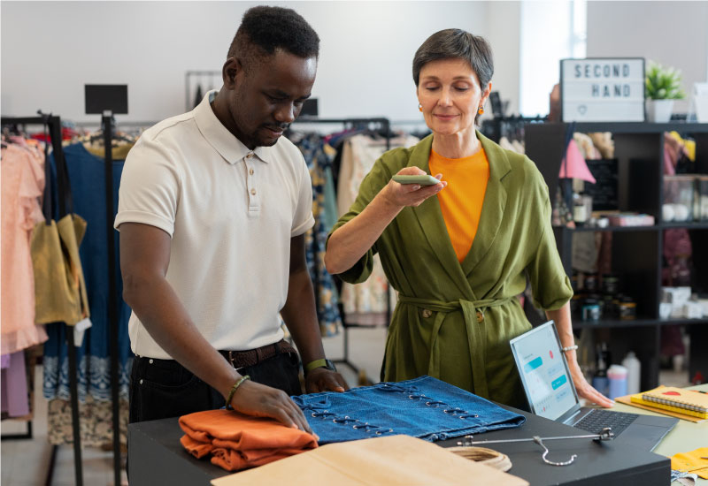Two people in a clothing store, one holding a tablet and the other folding clothes