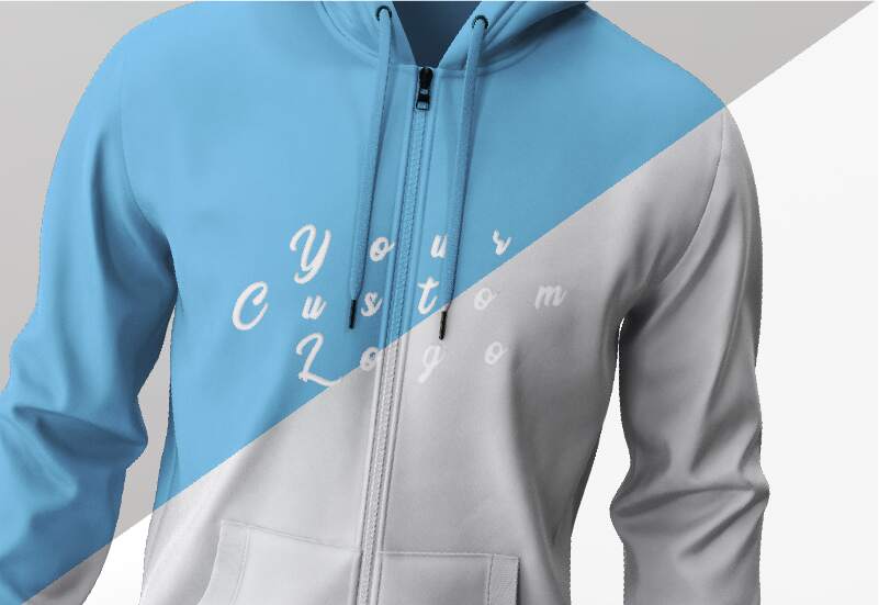 A blue and white hoodie with your custom logo text
