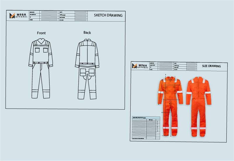A sketch drawing of a workwear coverall in Techpack