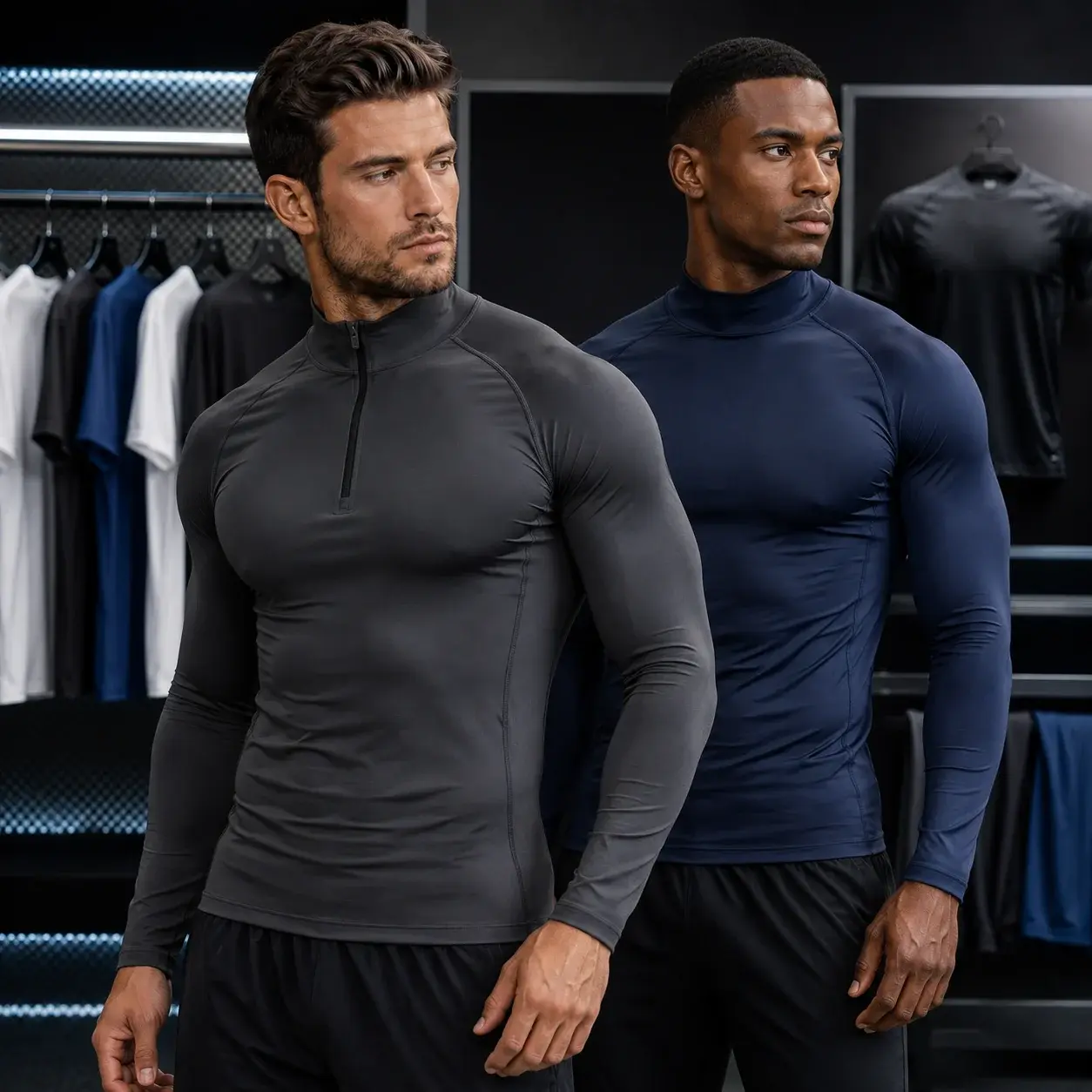 Athletic male model wearing a fitted dark gray short-sleeve compression shirt in a professional sportswear showroom, highlighting stretch, close fit, and performance fabric.