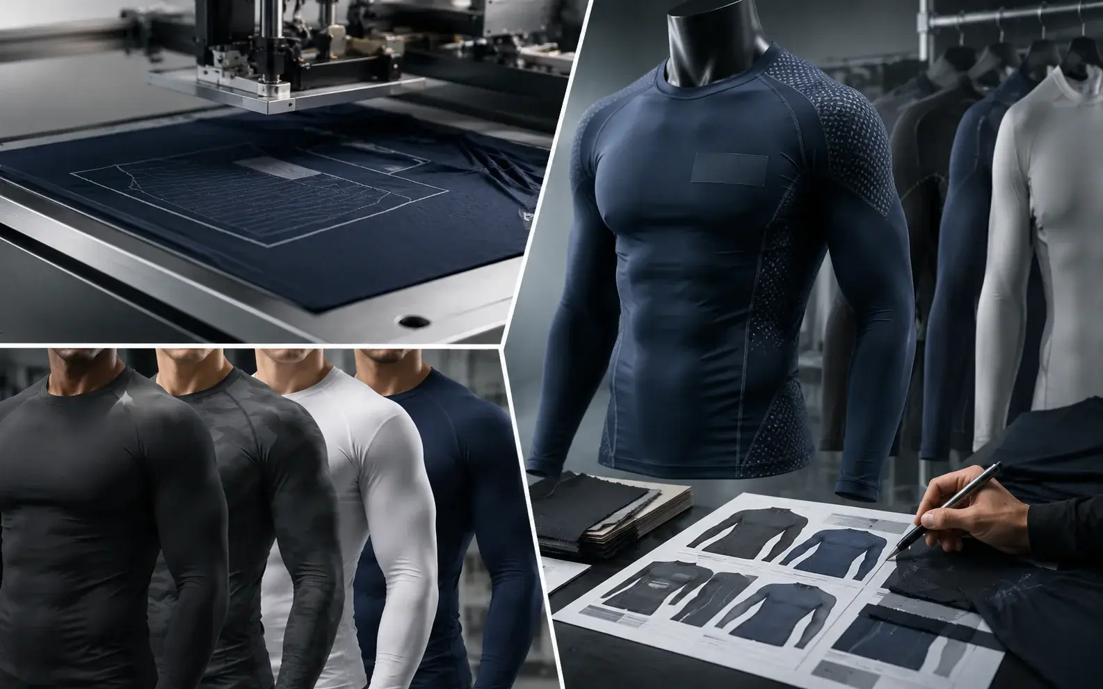 Compression shirt customization and branding process showing garment design, production equipment, multiple shirt styles and colors, fabric samples, and custom compression apparel mockups.