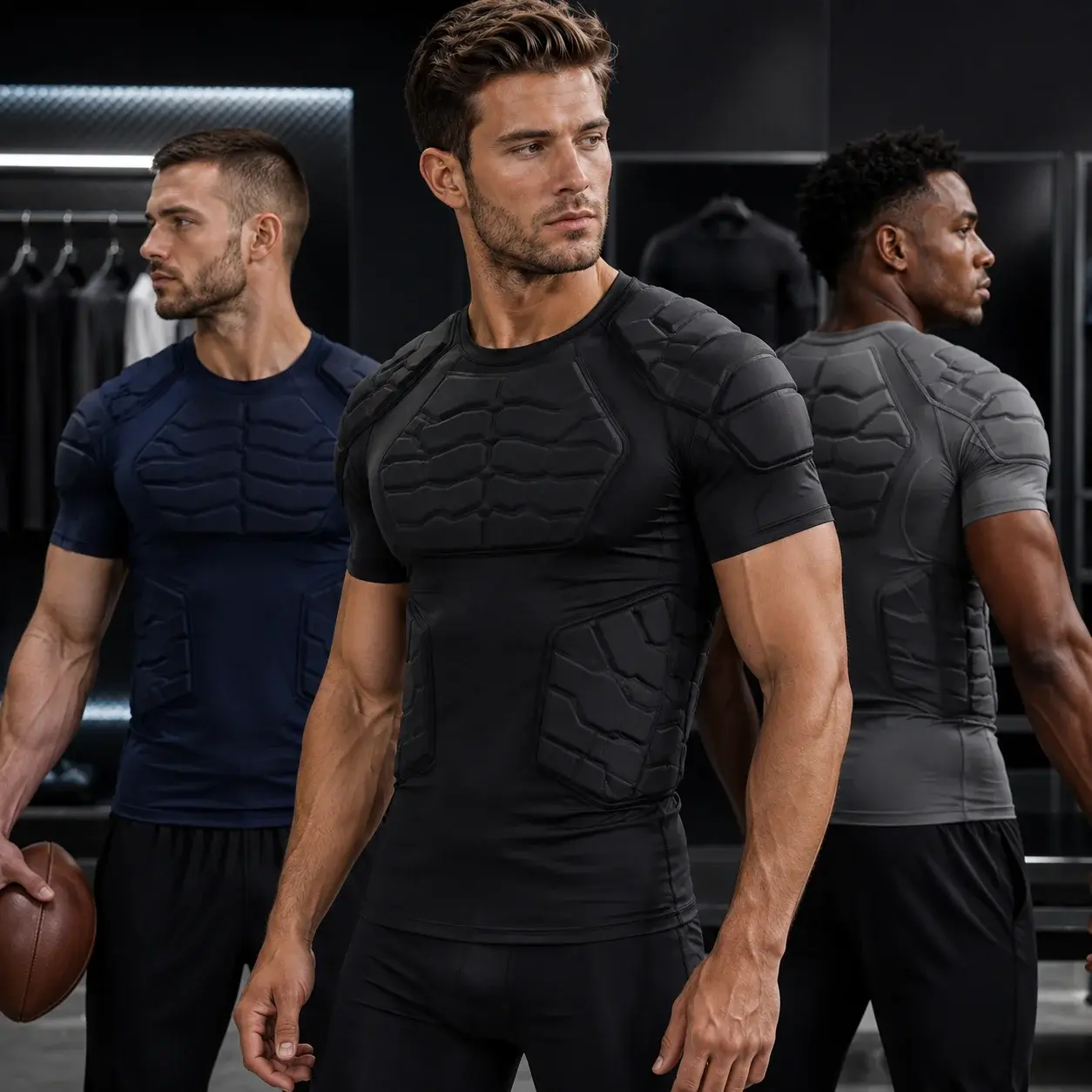Three athletic male models wearing fitted padded compression shirts with protective panels across the chest, shoulders, and torso, designed for high-impact sports and training.