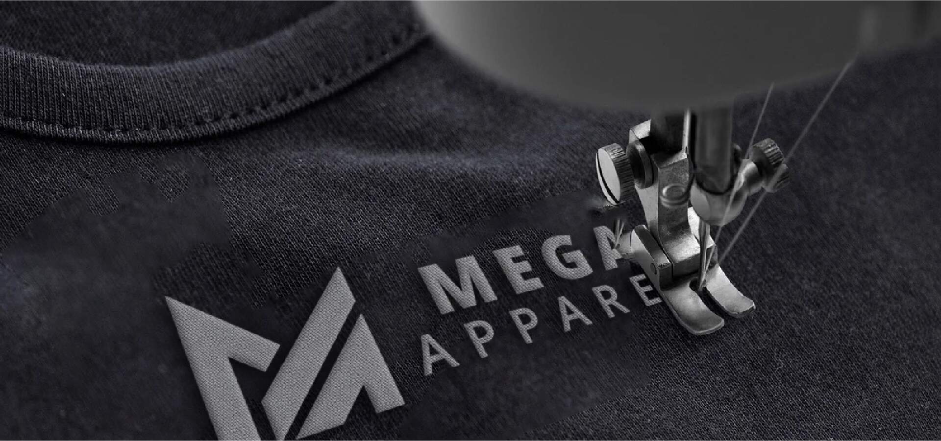 Embroidery machine adding MEGA APPAREL logo to clothing