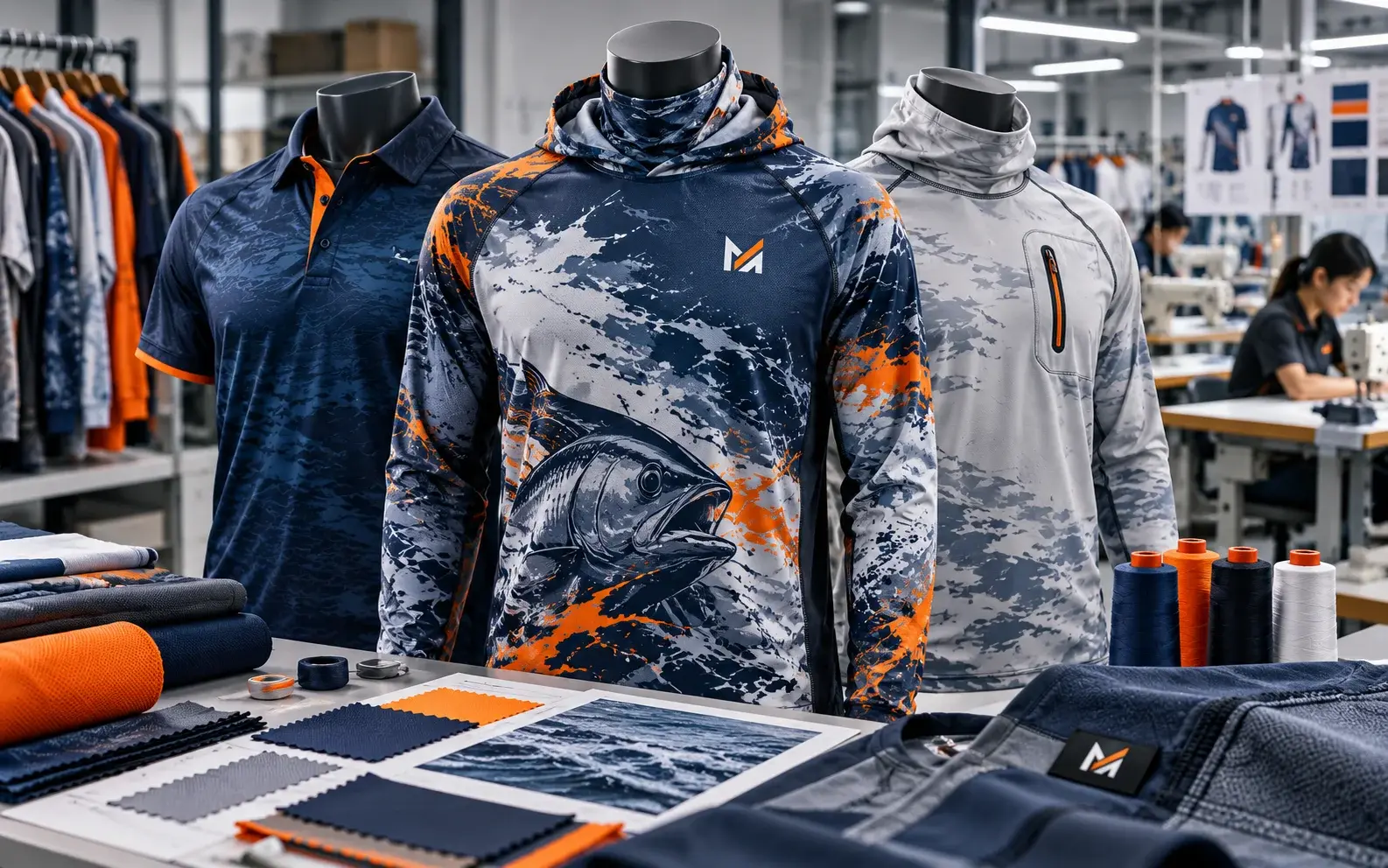 Custom fishing apparel displayed on mannequins inside a professional garment factory, featuring performance fishing shirts, technical fabrics, sewing equipment, color swatches, and Mega Apparel branding.