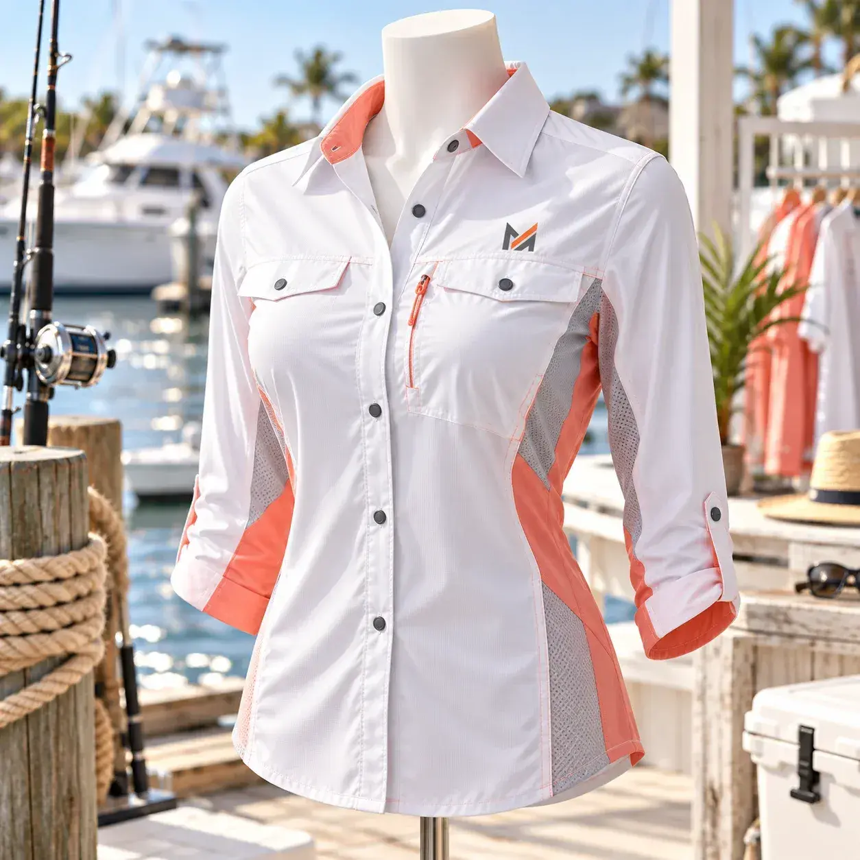 Women’s white performance fishing shirt displayed on a mannequin, featuring coral side panels, breathable mesh inserts, chest pockets, roll-up sleeves, and Mega Apparel branding in a marina setting.