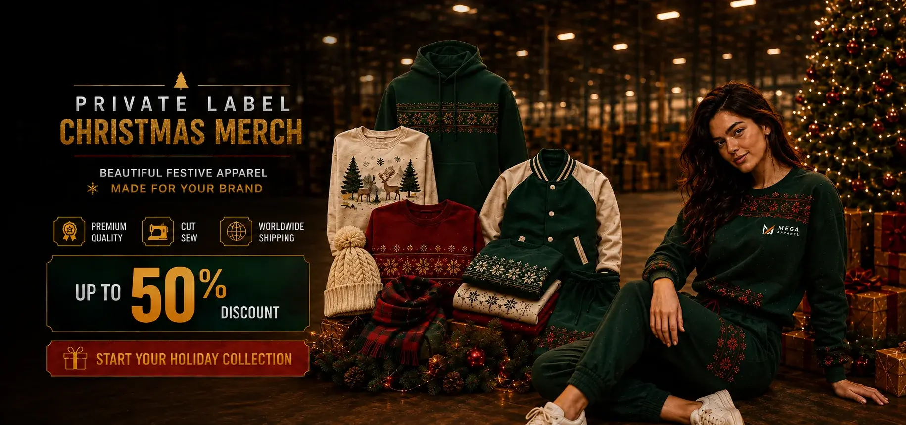 Premium Christmas merch banner featuring a model in green festive apparel with Mega Apparel logo, surrounded by holiday clothing mockups, gifts, ornaments, and Christmas decorations.