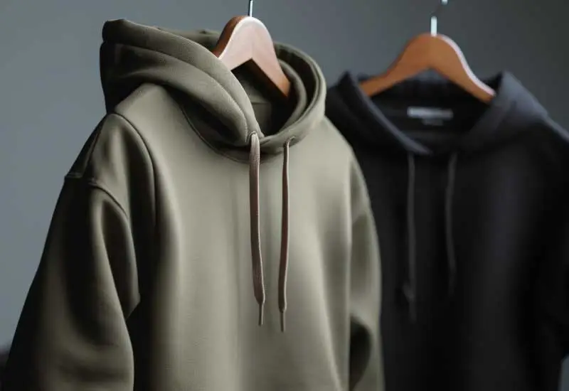 Fashionable men's hoodies hanging in a clothing store