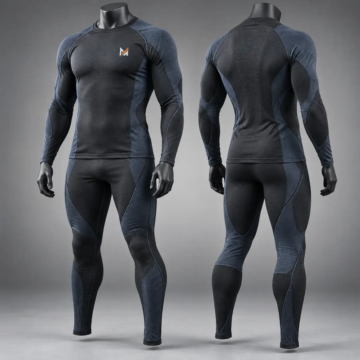 Dark charcoal and slate blue hunting base layer set with fitted long-sleeve top and leggings, ergonomic performance panels, breathable textured fabric, and visible Mega Apparel logo shown in front and back views.
