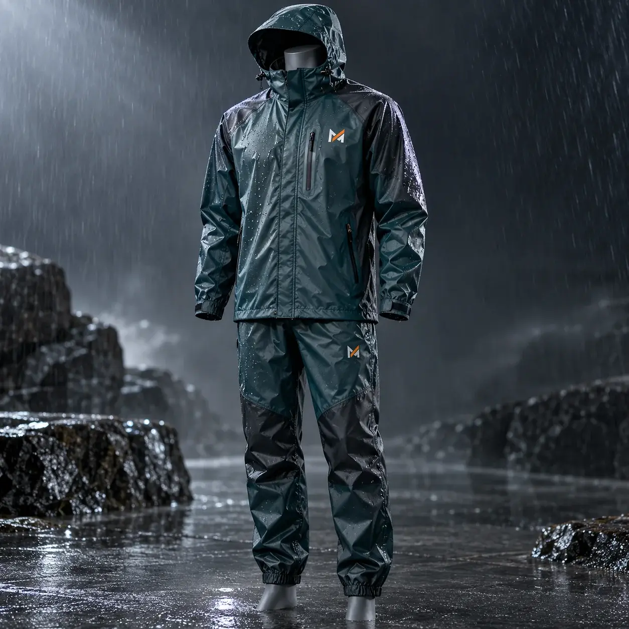 Dark teal waterproof hunting rain jacket and matching pants with hood, sealed seams, zippered pockets, water-resistant fabric, and visible Mega Apparel logos displayed on a mannequin in heavy rain.