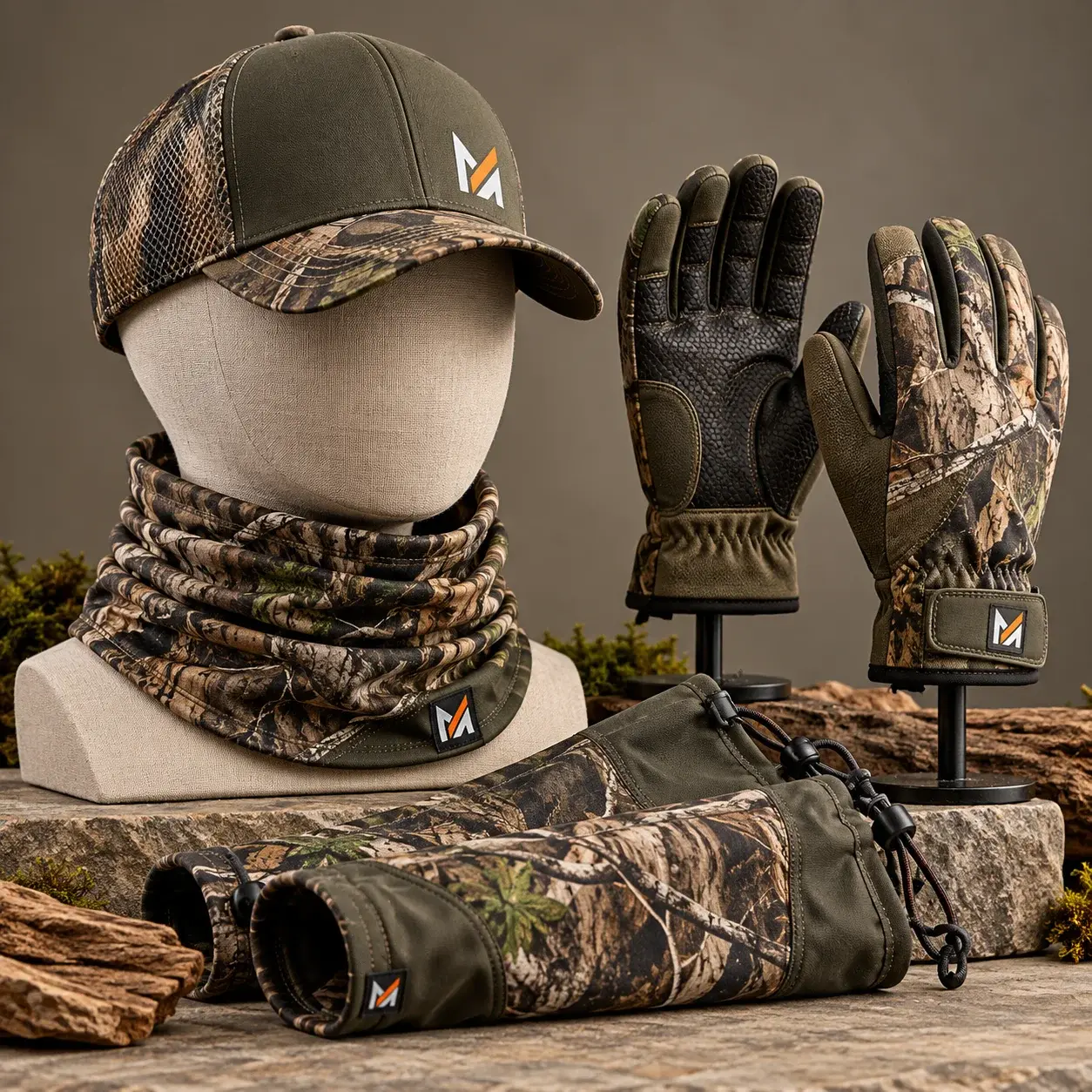 Camouflage hunting accessories set featuring an olive camo cap, protective gloves, neck gaiter, and leg gaiters with rugged outdoor detailing and visible Mega Apparel logo patches.