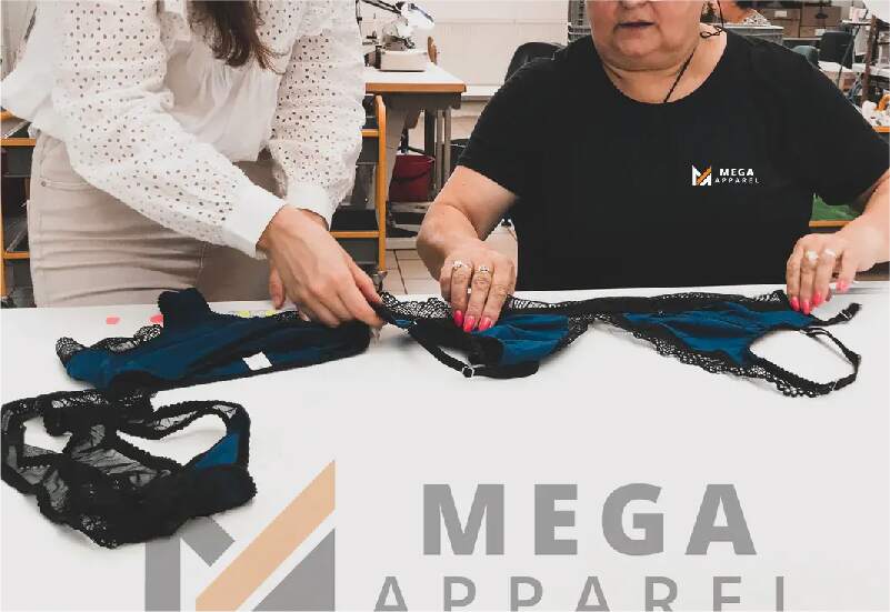 Mega Apparel workers are sitting at a table with underwear on it