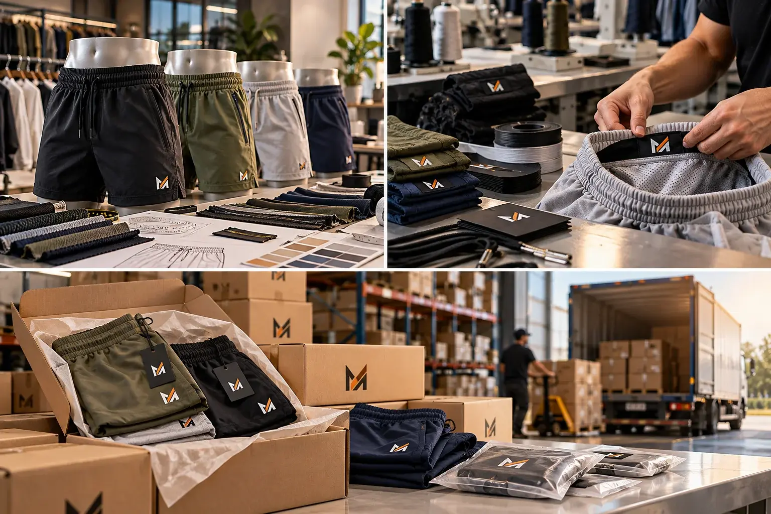 Custom athletic shorts manufacturing and private label production process showing branded shorts on mannequins, fabric samples, quality inspection, waistband label checking, and packaged garments ready for bulk shipping from Mega Apparel.