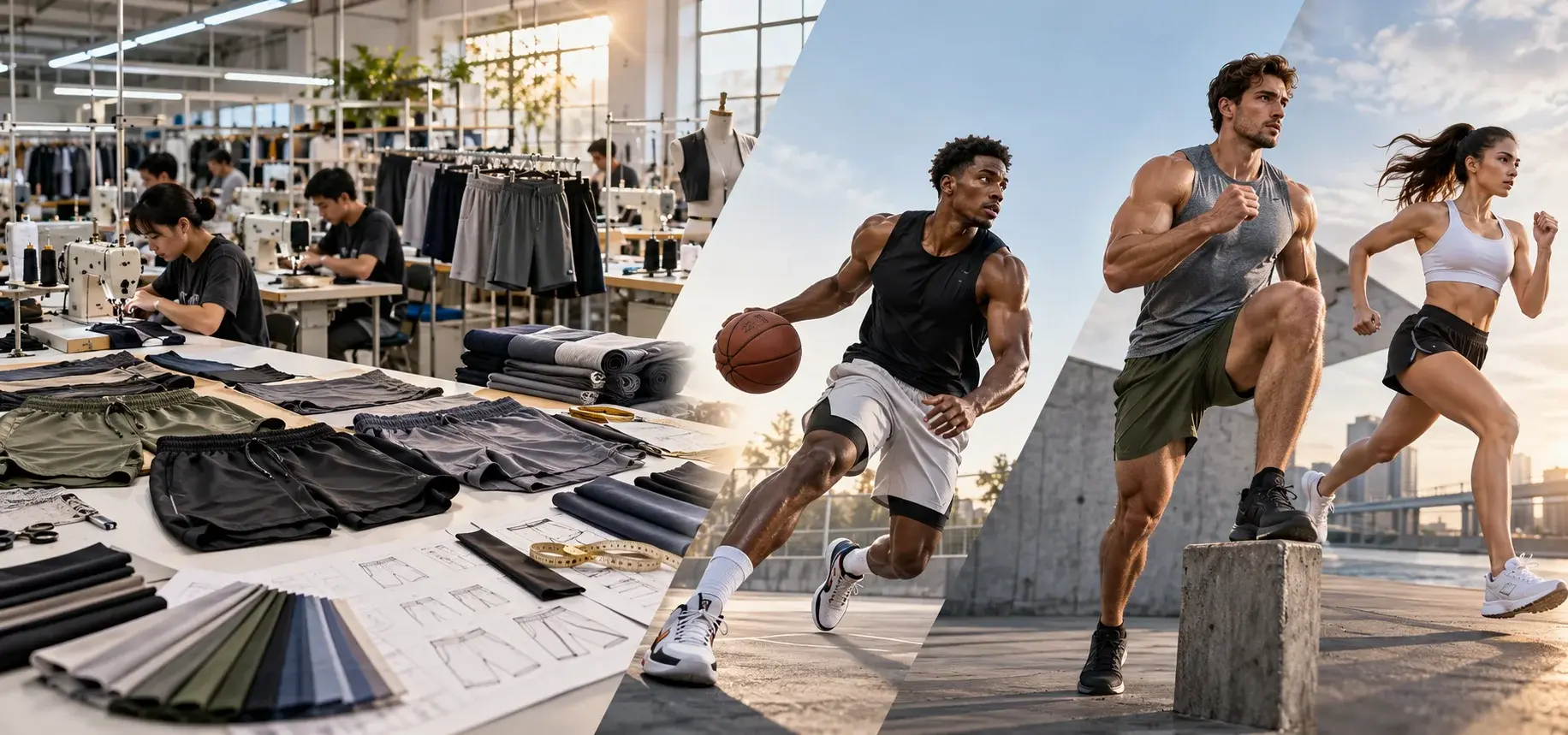 Custom shorts sportswear displayed on mannequins, including a tracksuit jacket, performance jersey, athletic leggings, T-shirt, and shorts, with fabric swatches, sewing machines, and garment patterns in a clothing manufacturing studio.